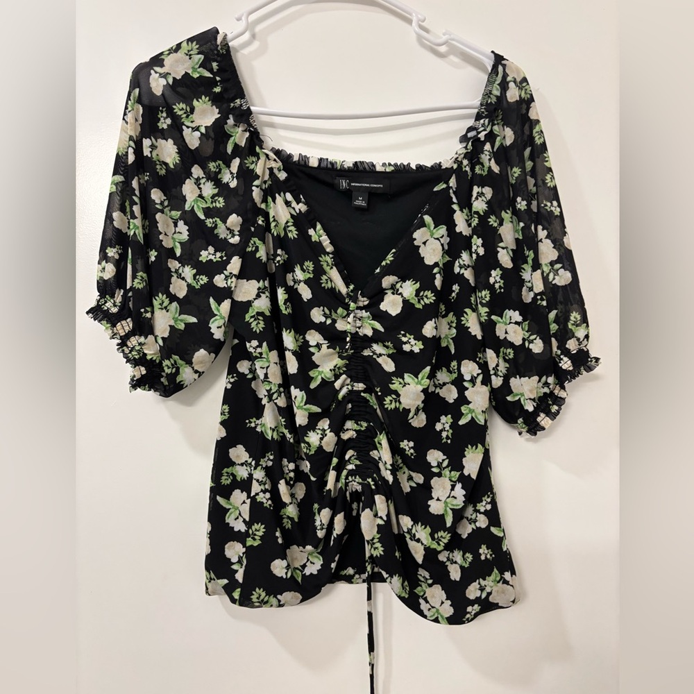 INC International Concepts Black and Green Flutter Sleeve Blouse